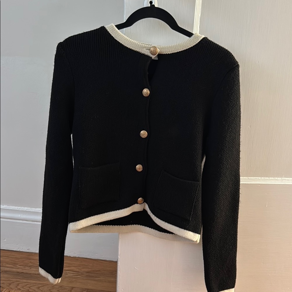 Black Cardigan with Cream Trim and Gold Buttons